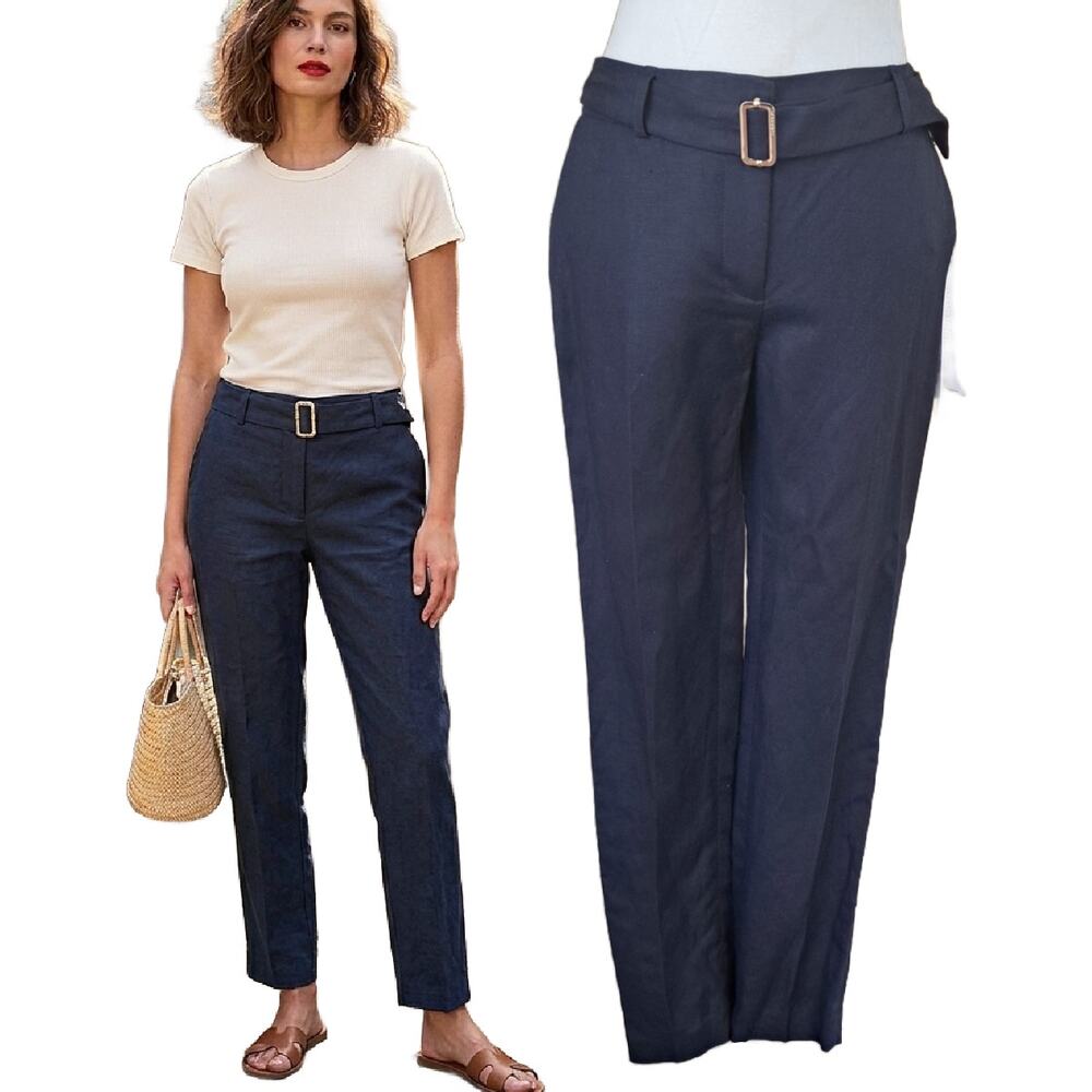 New CALVIN KLEIN Navy Linen Blend Belted Pant 6 Petite Slim Minimalist Mid-rise